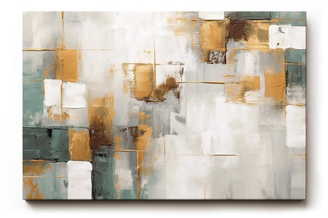 Sinus Art Wandbild 120x80cm Abstraktes Motiv mit geometrischen Flächen in Gold, Grün und Weiß für moderne Raumgestaltung