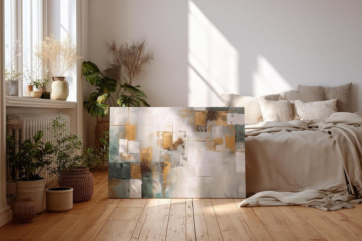 Sinus Art Wandbild 120x80cm Abstraktes Motiv mit geometrischen Flächen in Gold, Grün und Weiß für moderne Raumgestaltung
