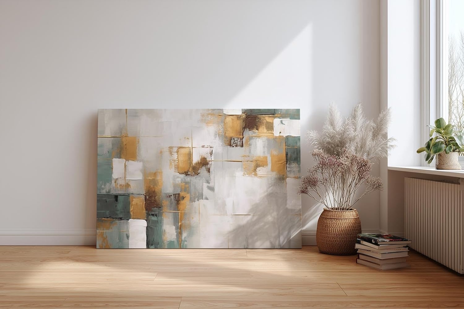 Sinus Art Wandbild 120x80cm Abstraktes Motiv mit geometrischen Flächen in Gold, Grün und Weiß für moderne Raumgestaltung