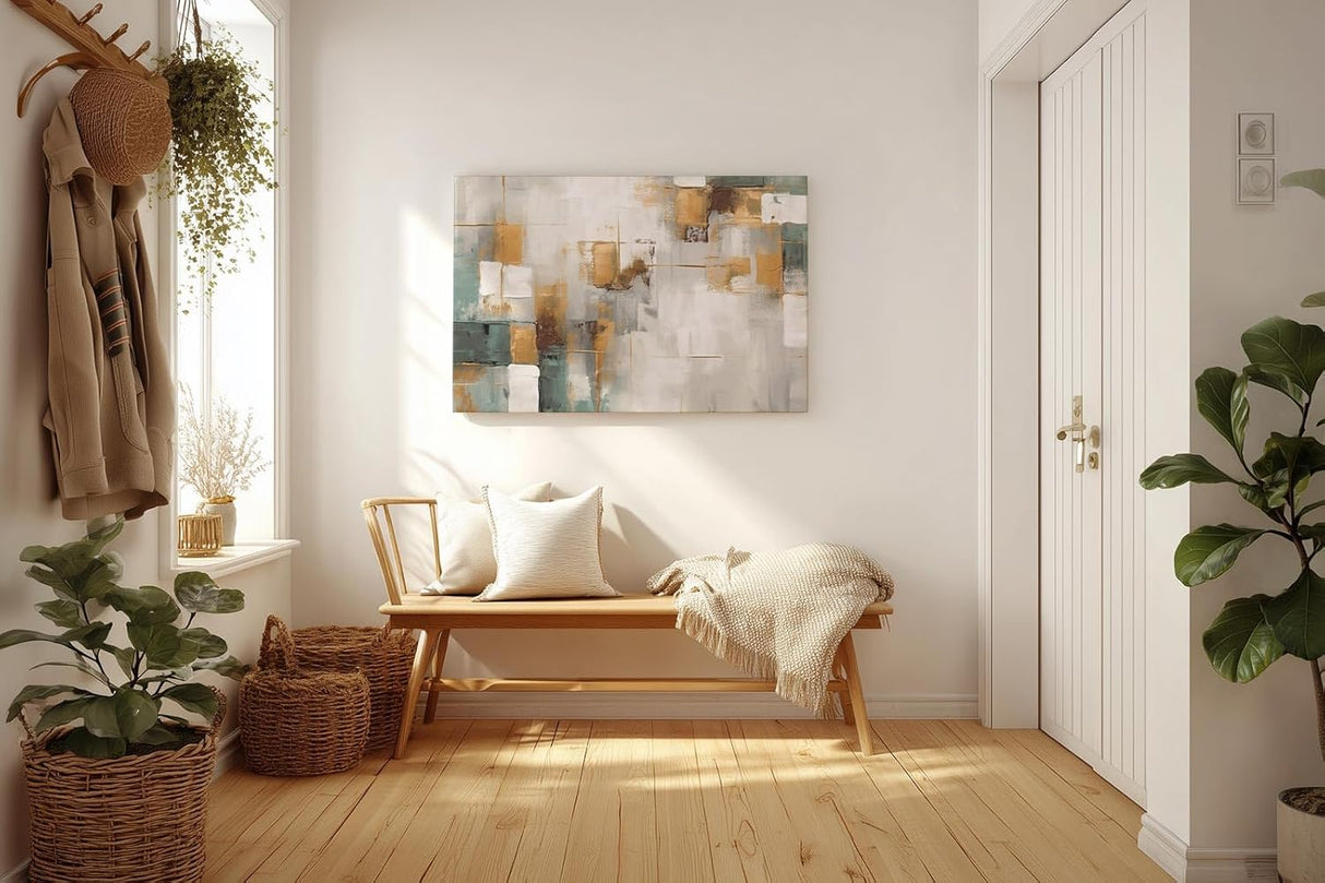Sinus Art Wandbild 120x80cm Abstraktes Motiv mit geometrischen Flächen in Gold, Grün und Weiß für moderne Raumgestaltung