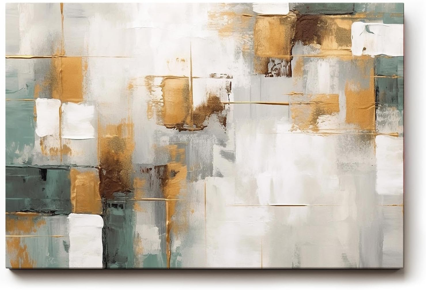 Sinus Art Wandbild 120x80cm Abstraktes Motiv mit geometrischen Flächen in Gold, Grün und Weiß für moderne Raumgestaltung