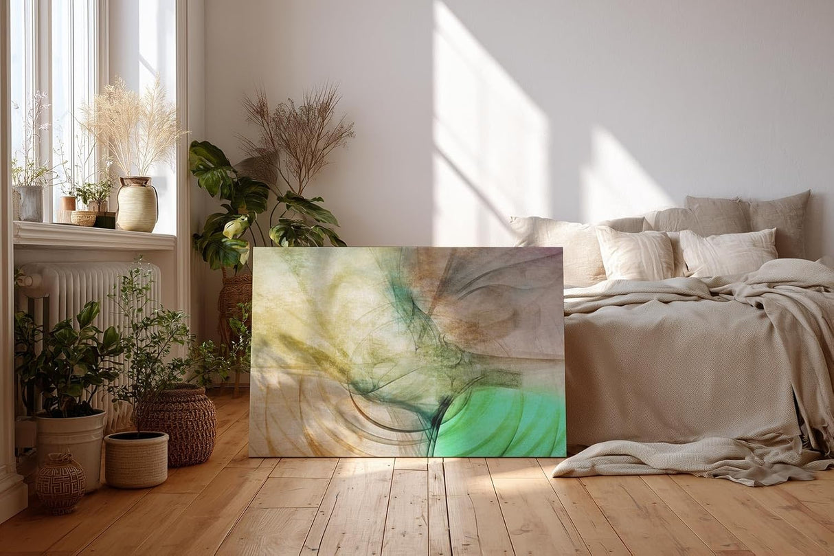 Sinus Art Wandbild 120x80cm Abstrakte Bewegung aus Erdtönen, Grüntönen und Lichtakzenten in weicher Komposition