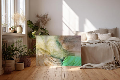 Sinus Art Wandbild 120x80cm Abstrakte Bewegung aus Erdtönen, Grüntönen und Lichtakzenten in weicher Komposition