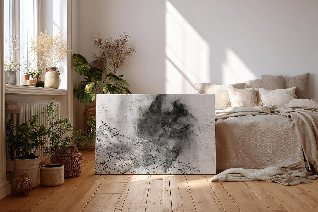 Sinus Art Wandbild 120x80cm Abstraktes Porträt, handschriftliche Elemente und rauchige Strukturen in Schwarzweiß