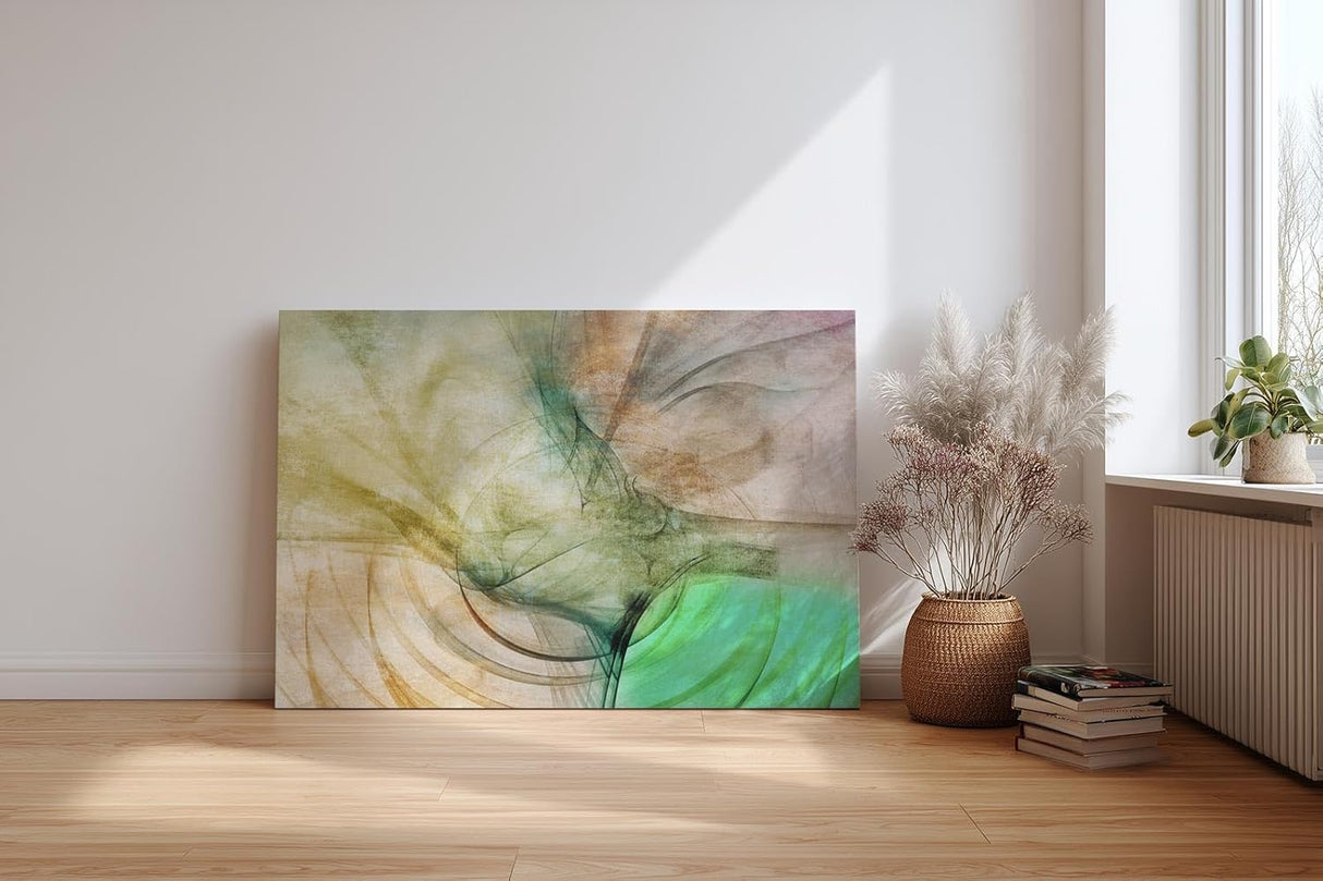 Sinus Art Wandbild 120x80cm Abstrakte Bewegung aus Erdtönen, Grüntönen und Lichtakzenten in weicher Komposition