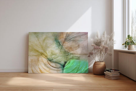 Sinus Art Wandbild 120x80cm Abstrakte Bewegung aus Erdtönen, Grüntönen und Lichtakzenten in weicher Komposition