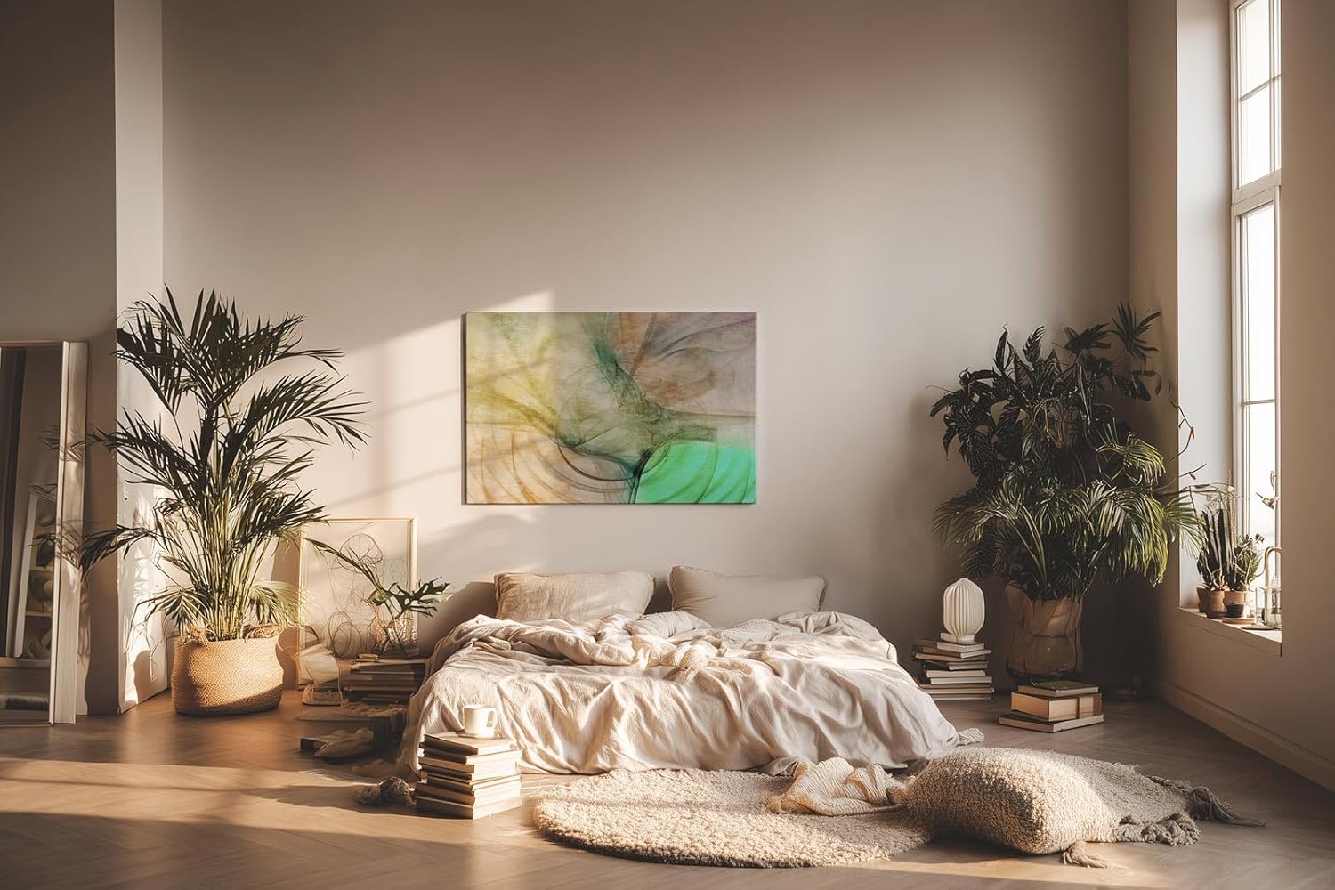 Sinus Art Wandbild 120x80cm Abstrakte Bewegung aus Erdtönen, Grüntönen und Lichtakzenten in weicher Komposition