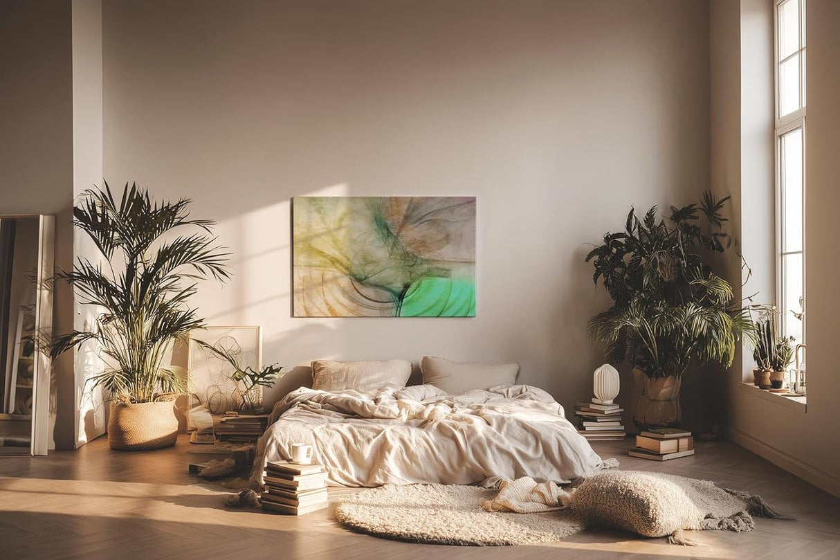 Sinus Art Wandbild 120x80cm Abstrakte Bewegung aus Erdtönen, Grüntönen und Lichtakzenten in weicher Komposition