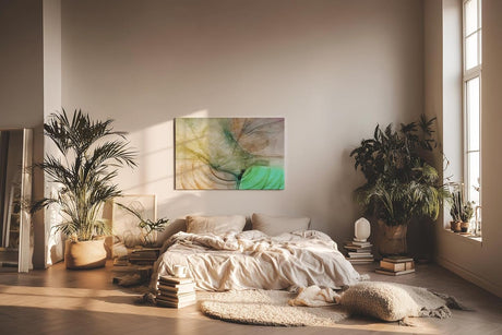 Sinus Art Wandbild 120x80cm Abstrakte Bewegung aus Erdtönen, Grüntönen und Lichtakzenten in weicher Komposition