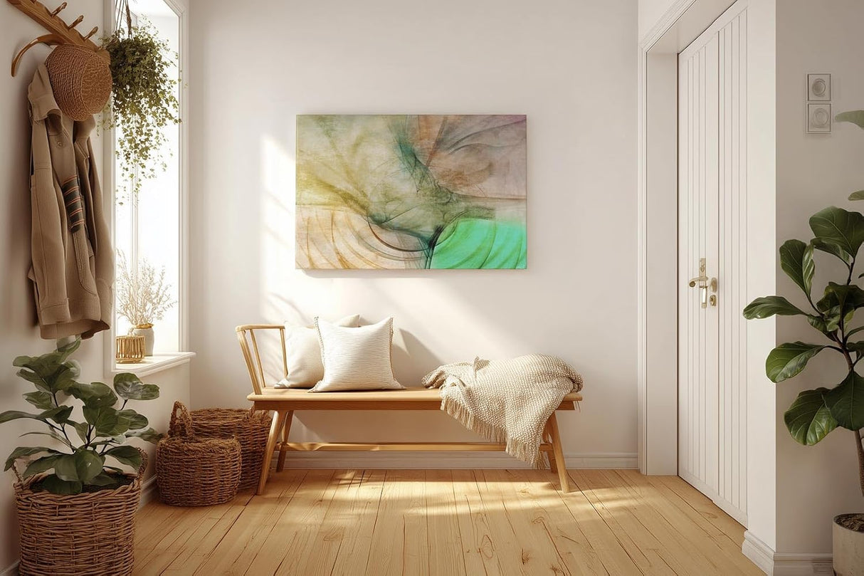 Sinus Art Wandbild 120x80cm Abstrakte Bewegung aus Erdtönen, Grüntönen und Lichtakzenten in weicher Komposition