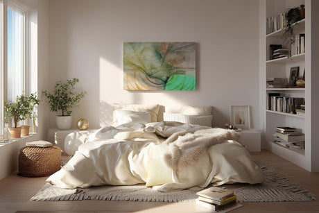 Sinus Art Wandbild 120x80cm Abstrakte Bewegung aus Erdtönen, Grüntönen und Lichtakzenten in weicher Komposition