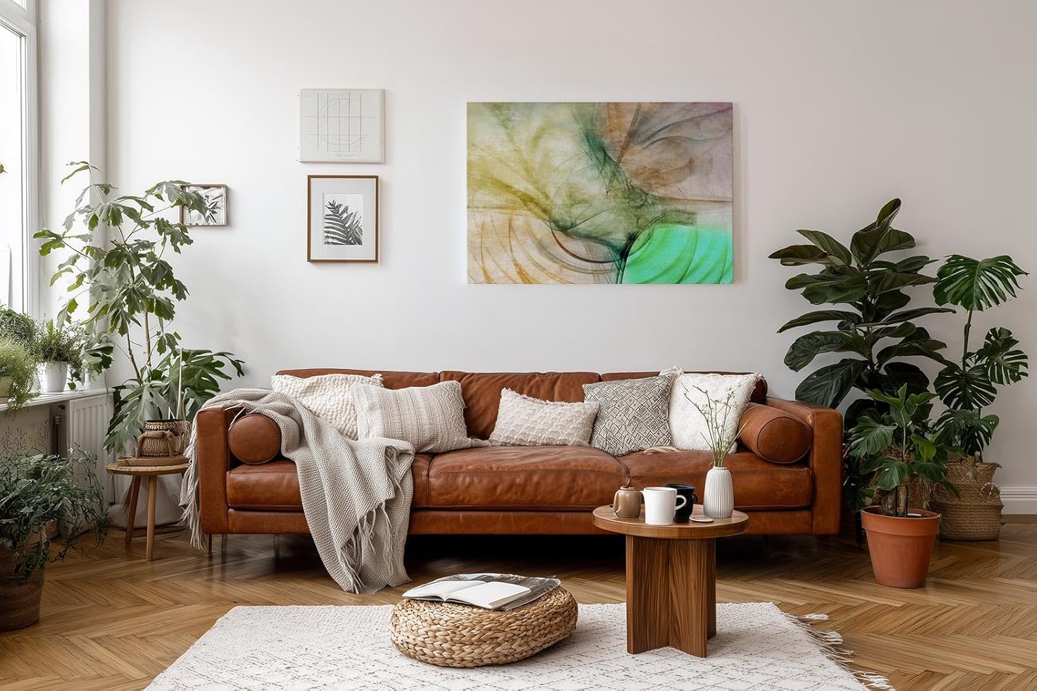 Sinus Art Wandbild 120x80cm Abstrakte Bewegung aus Erdtönen, Grüntönen und Lichtakzenten in weicher Komposition