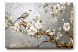 Sinus Art Wandbild 120x80cm Anmutiger Vogel auf einem Ast mit weißen Blüten vor harmonischem Hintergrund – ruhig und ausdrucksstark