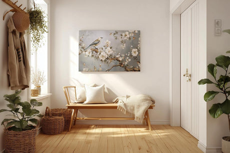 Sinus Art Wandbild 120x80cm Anmutiger Vogel auf einem Ast mit weißen Blüten vor harmonischem Hintergrund – ruhig und ausdrucksstark