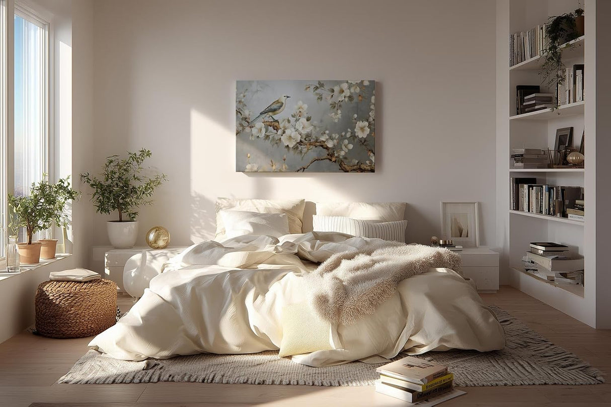 Sinus Art Wandbild 120x80cm Anmutiger Vogel auf einem Ast mit weißen Blüten vor harmonischem Hintergrund – ruhig und ausdrucksstark