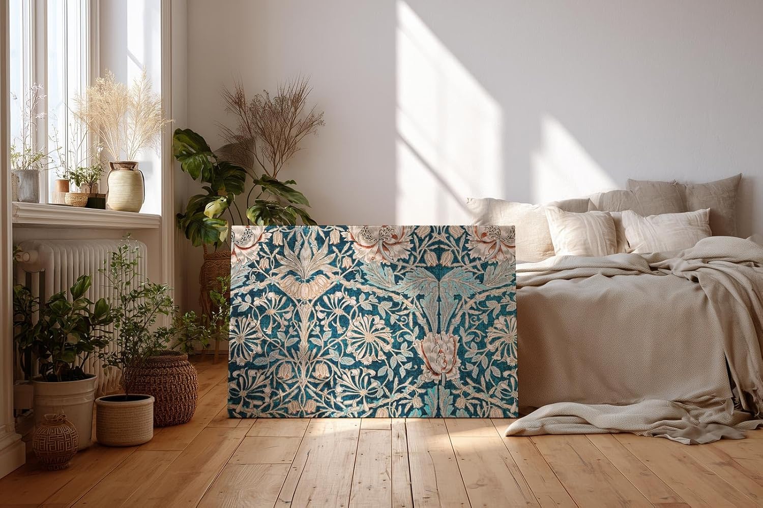 Sinus Art Wandbild 120x80cm Antik wirkendes Blütenmuster auf strukturreichem Türkisgrund mit floralen Elementen