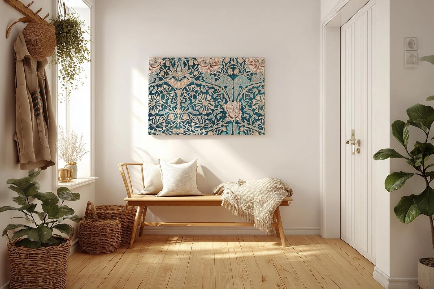 Sinus Art Wandbild 120x80cm Antik wirkendes Blütenmuster auf strukturreichem Türkisgrund mit floralen Elementen