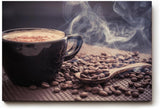 Sinus Art Wandbild 120x80cm Aromatische Darstellung mit dampfender Kaffeetasse und Kaffeebohnen weckt die Sinne und schafft gemütliche Stimmung