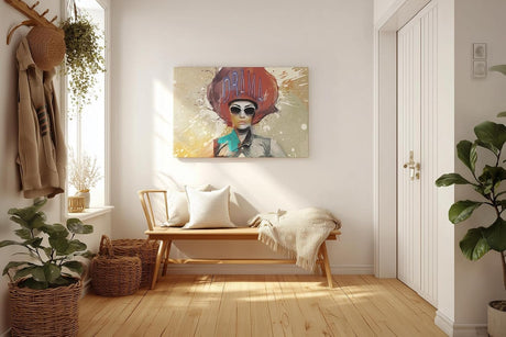 Sinus Art Wandbild 120x80cm Ausdrucksstarke Darstellung einer Frau mit auffälliger Typografie und Farbspritzern