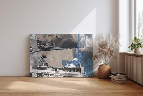 Sinus Art Wandbild 120x80cm Collage aus Porträts, Symbolen und grafischen Flächen in Blau, Grau und Beige