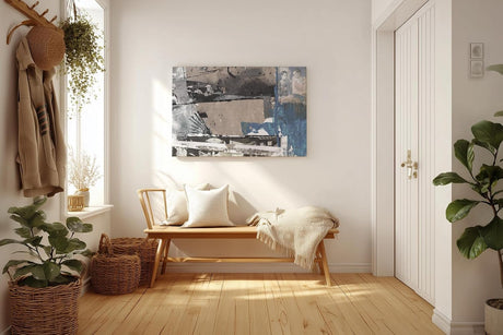 Sinus Art Wandbild 120x80cm Collage aus Porträts, Symbolen und grafischen Flächen in Blau, Grau und Beige