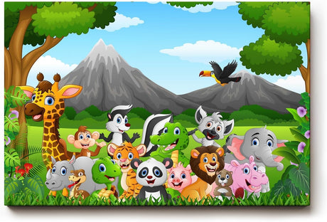 Sinus Art Wandbild 120x80cm Detailreich illustrierte Tiergruppe mit Panda, Tiger, Giraffe, Affe, Elefant u. v. m.