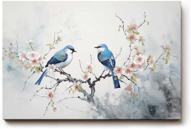 Sinus Art Wandbild 120x80cm Detailreiches Naturmotiv mit zwei blauen Vögeln auf blühendem Ast – filigran und stimmungsvoll gestaltet