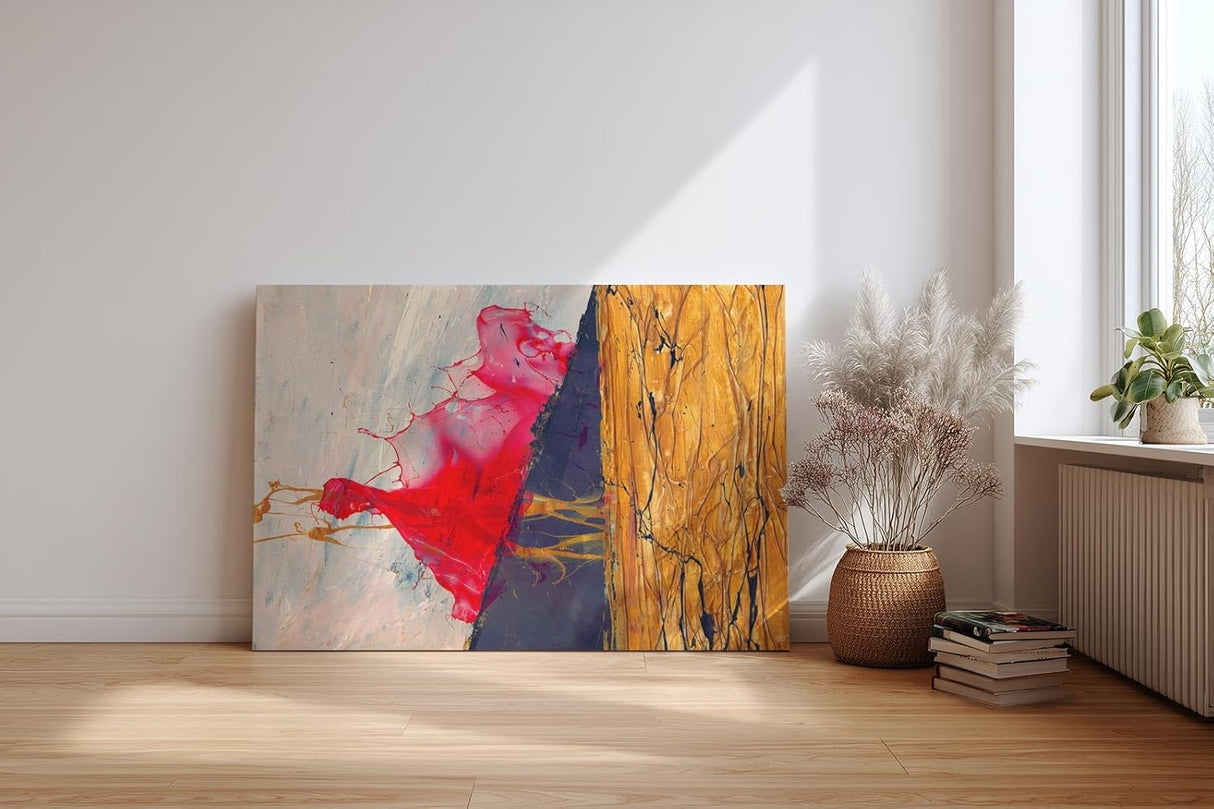 Sinus Art Wandbild 120x80cm Dynamische Farbflächen in Rot, Schwarz und Gold mit fließenden Übergängen