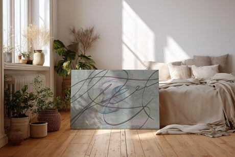 Sinus Art Wandbild 120x80cm Dynamische Linienführung auf grauer Fläche mit Pastelltönen in Blau, Rosa und Grün