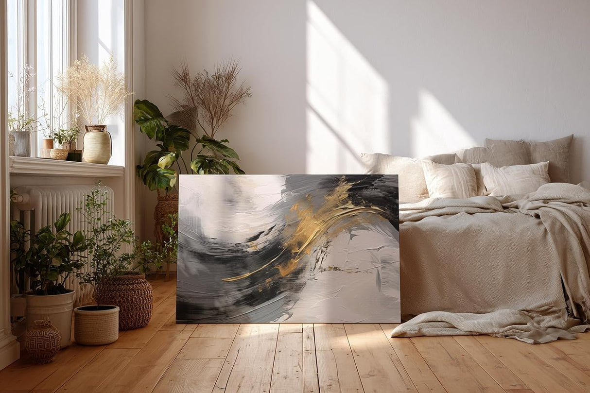 Sinus Art Wandbild 120x80cm Dynamisches Motiv mit geschwungener Bewegung in Schwarz, Weiß und Gold für eindrucksvolle Raumgestaltung