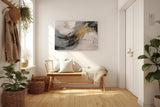 Sinus Art Wandbild 120x80cm Dynamisches Motiv mit geschwungener Bewegung in Schwarz, Weiß und Gold für eindrucksvolle Raumgestaltung