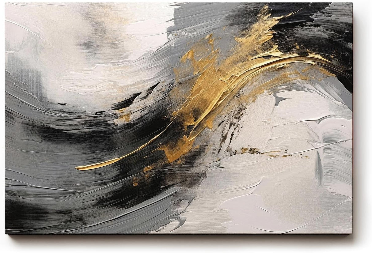 Sinus Art Wandbild 120x80cm Dynamisches Motiv mit geschwungener Bewegung in Schwarz, Weiß und Gold für eindrucksvolle Raumgestaltung