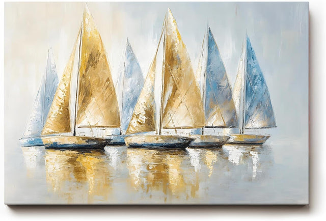 Sinus Art Wandbild 120x80cm Dynamisches Motiv mit sieben Segelbooten in Blau und Goldtönen – stilvoll und maritim zugleich