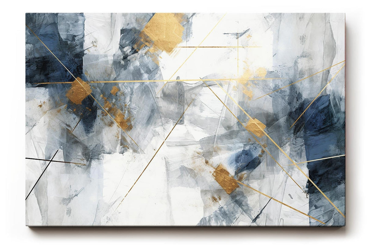 Sinus Art Wandbild 120x80cm Elegantes abstraktes Design in Blau, Grau und Weiß mit goldenen Linien für moderne Raumgestaltung