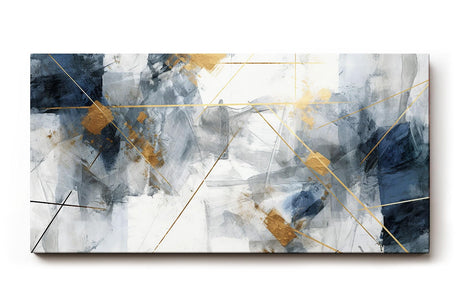 Sinus Art Wandbild 120x80cm Elegantes abstraktes Design in Blau, Grau und Weiß mit goldenen Linien für moderne Raumgestaltung