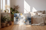 Sinus Art Wandbild 120x80cm Elegantes abstraktes Design in Blau, Grau und Weiß mit goldenen Linien für moderne Raumgestaltung
