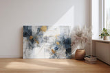 Sinus Art Wandbild 120x80cm Elegantes abstraktes Design in Blau, Grau und Weiß mit goldenen Linien für moderne Raumgestaltung