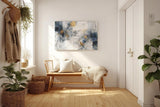Sinus Art Wandbild 120x80cm Elegantes abstraktes Design in Blau, Grau und Weiß mit goldenen Linien für moderne Raumgestaltung