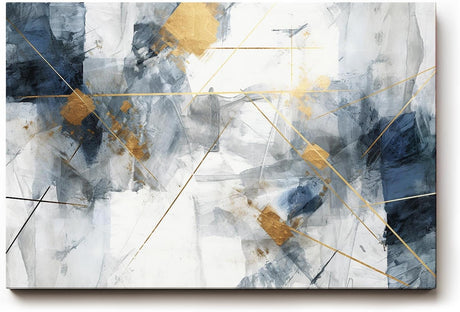 Sinus Art Wandbild 120x80cm Elegantes abstraktes Design in Blau, Grau und Weiß mit goldenen Linien für moderne Raumgestaltung