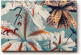 Sinus Art Wandbild 120x80cm Exotische Lilien in Weiß, Orange und Braun auf blauem Hintergrund mit Vintage-Flair