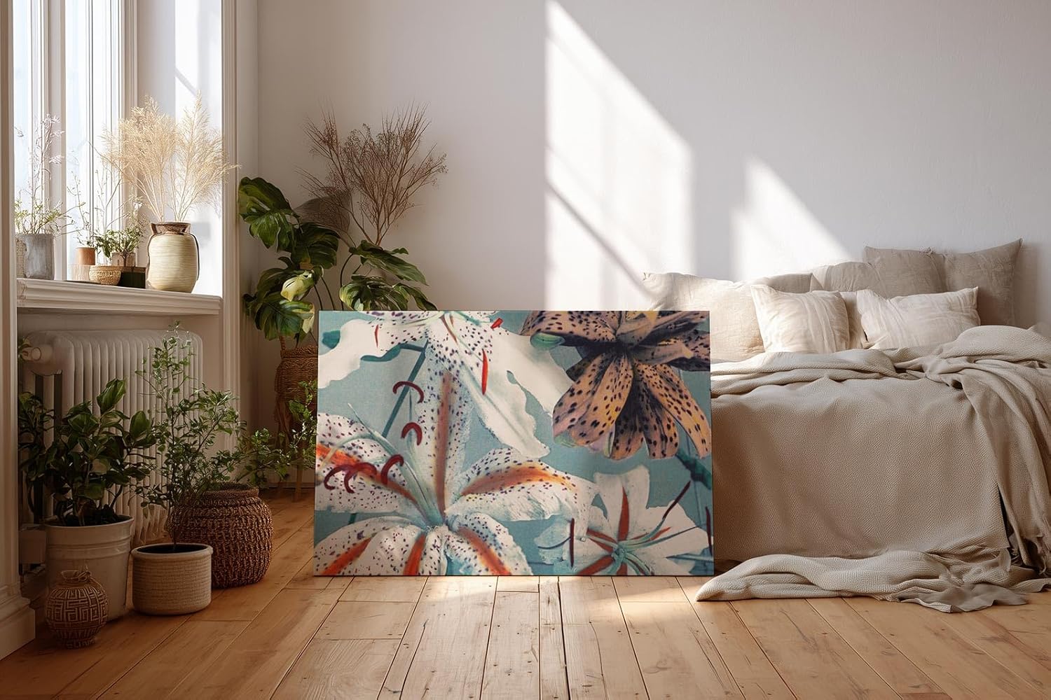 Sinus Art Wandbild 120x80cm Exotische Lilien in Weiß, Orange und Braun auf blauem Hintergrund mit Vintage-Flair