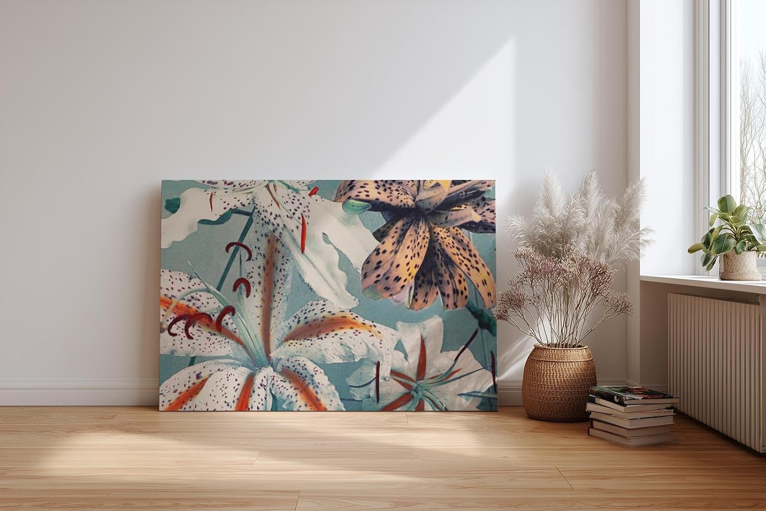 Sinus Art Wandbild 120x80cm Exotische Lilien in Weiß, Orange und Braun auf blauem Hintergrund mit Vintage-Flair