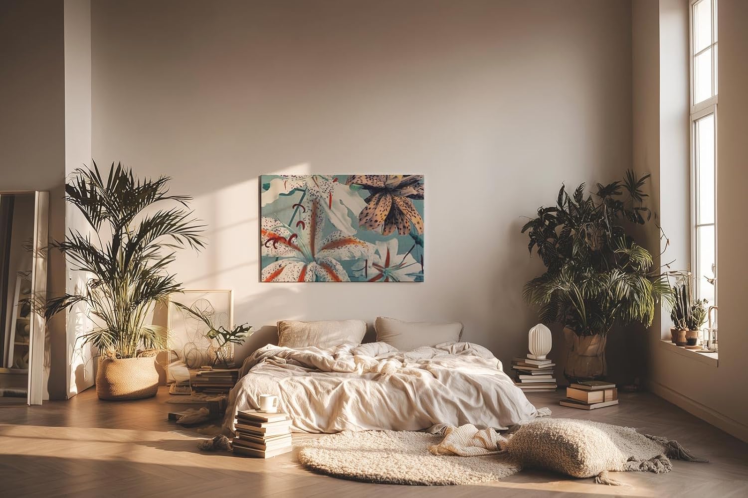 Sinus Art Wandbild 120x80cm Exotische Lilien in Weiß, Orange und Braun auf blauem Hintergrund mit Vintage-Flair