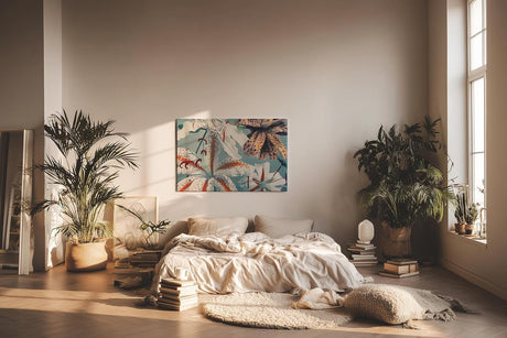 Sinus Art Wandbild 120x80cm Exotische Lilien in Weiß, Orange und Braun auf blauem Hintergrund mit Vintage-Flair