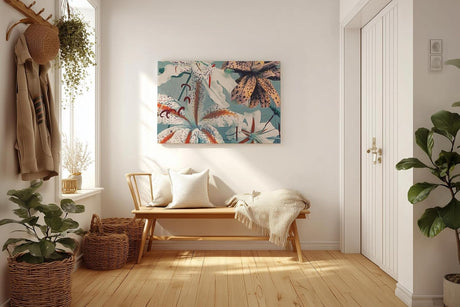 Sinus Art Wandbild 120x80cm Exotische Lilien in Weiß, Orange und Braun auf blauem Hintergrund mit Vintage-Flair