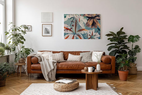 Sinus Art Wandbild 120x80cm Exotische Lilien in Weiß, Orange und Braun auf blauem Hintergrund mit Vintage-Flair