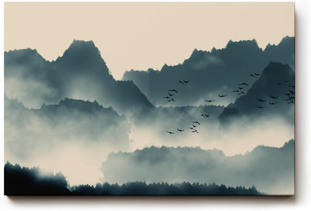 Sinus Art Wandbild 120x80cm Faszinierende Bergsilhouetten im Nebel mit dynamischem Vogelschwarm erzeugen eine ruhige und kraftvolle Atmosphäre