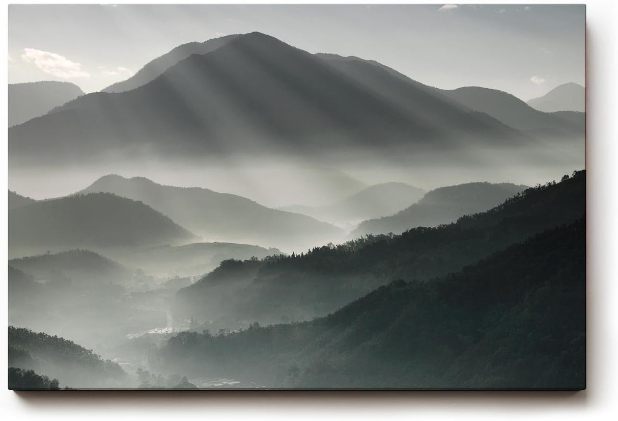Sinus Art Wandbild 120x80cm Faszinierende Lichtstrahlen durchdringen den Morgennebel über mystischen Berglandschaften