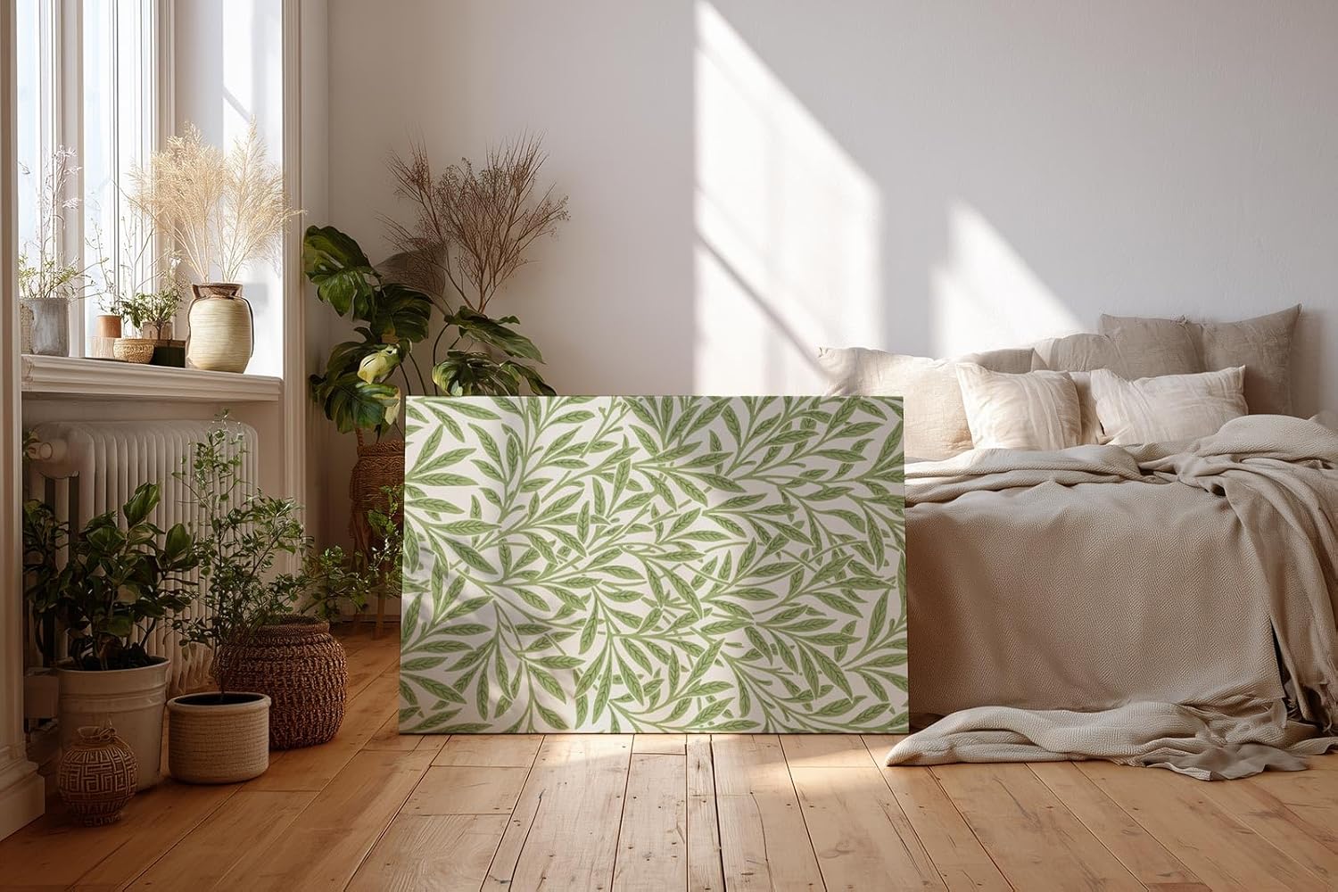 Sinus Art Wandbild 120x80cm Feines Muster aus grünen Blättern auf hellem Grund für natürliche Leichtigkeit