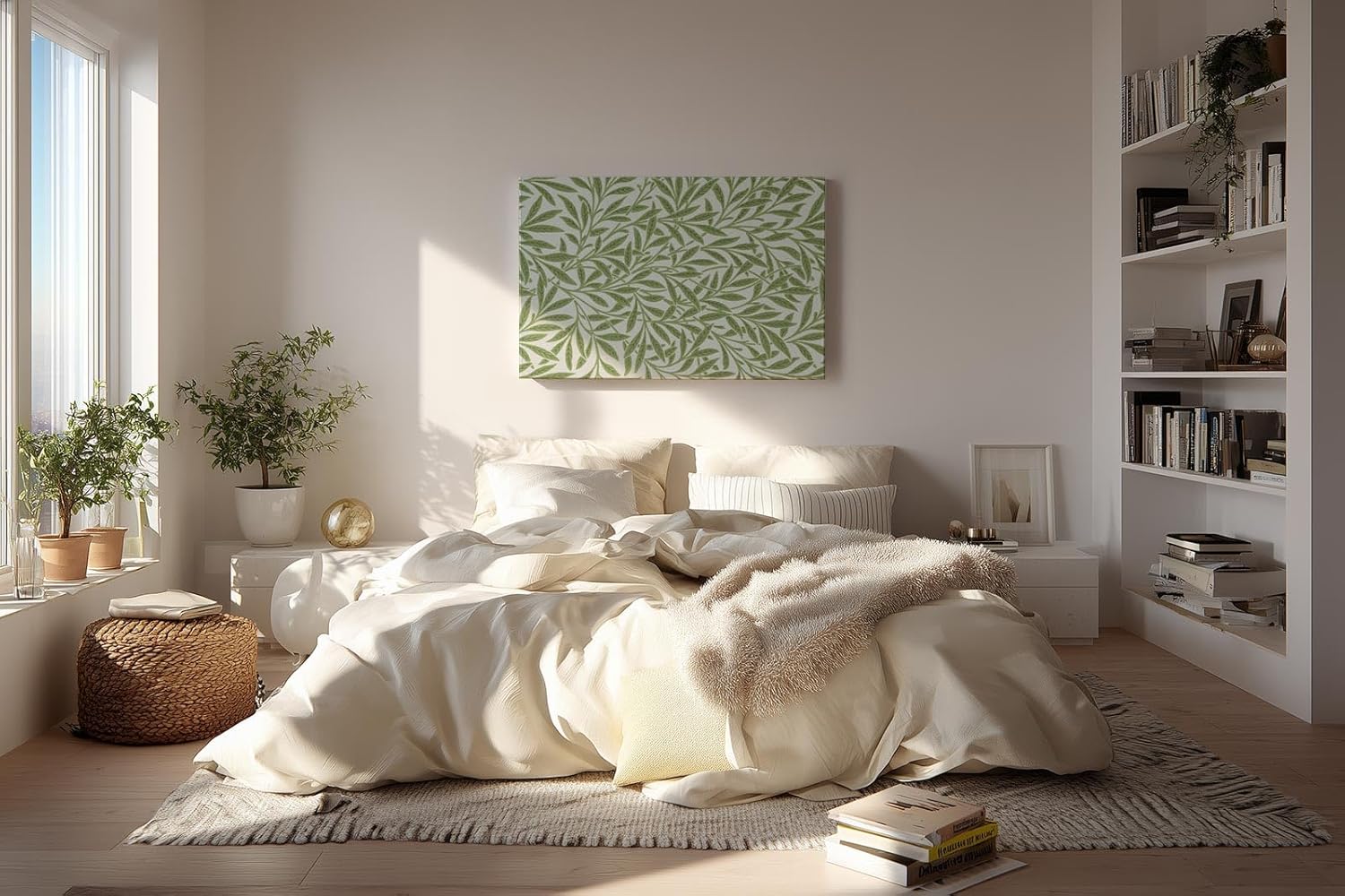 Sinus Art Wandbild 120x80cm Feines Muster aus grünen Blättern auf hellem Grund für natürliche Leichtigkeit